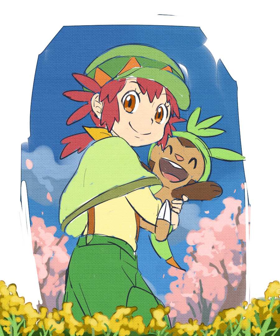 ^_^ ^o^ aono_wo brown_eyes character_request closed_eyes green_capelet green_headwear green_pants looking_at_viewer pants pokemon ponytail redhead smile tagme