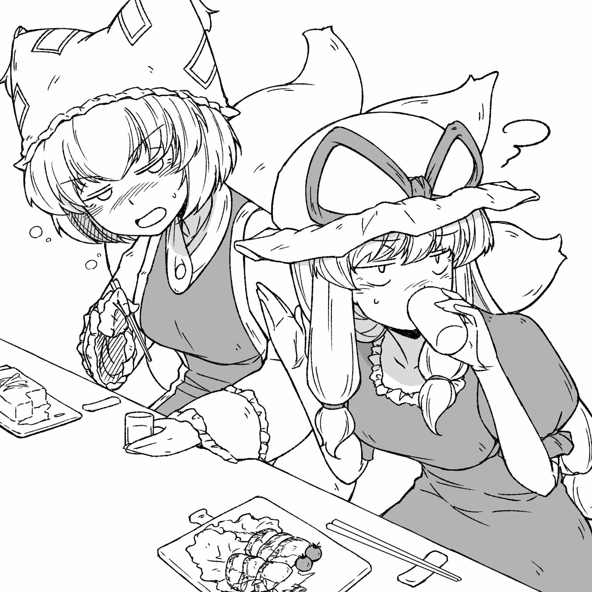 2girls breasts chopsticks commentary_request cup dress drinking drunk food fox_tail greyscale hand_up hat hat_ribbon highres holding holding_chopsticks holding_cup long_hair long_sleeves medium_breasts mob_cap monochrome multiple_girls multiple_tails open_mouth pillow_hat ribbon short_sleeves sunatoshi tabard tail touhou upper_body white_background yakumo_ran yakumo_yukari