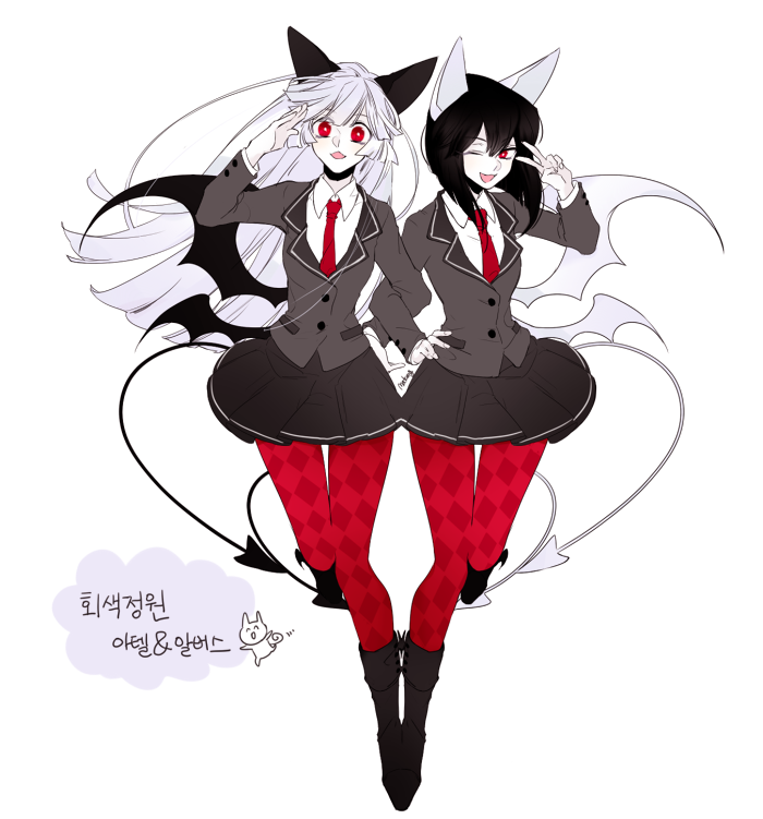 2girls :3 animal_ears arbus ater black_hair boots cat_ears demon_tail demon_wings formal haiiro_teien hand_on_hip korean_text long_hair long_sleeves looking_at_viewer matang23 multiple_girls multiple_tails necktie one_eye_closed pale_skin red_legwear shirt short_hair siblings sisters skirt suit tail twins two_tails white_hair wings