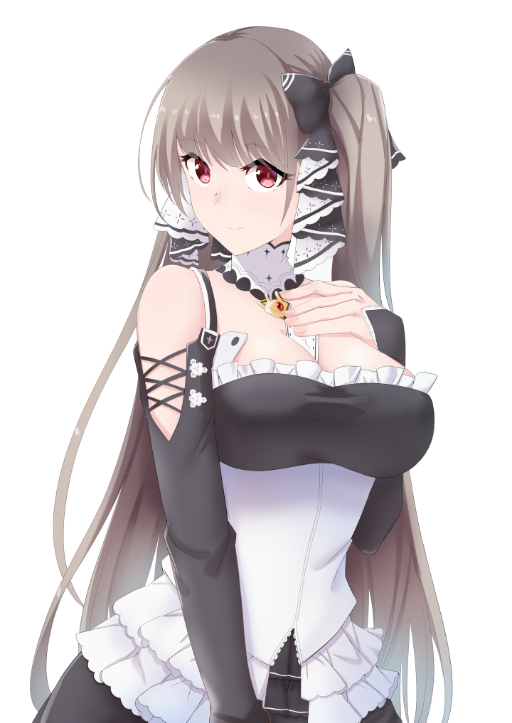 1girl azur_lane black_dress bow breast_hold breasts closed_mouth dress eyebrows_visible_through_hair formidable_(azur_lane) hair_bow hair_ribbon long_hair looking_at_viewer maid_dress medium_breasts motirimoti platinum_blonde_hair red_eyes ribbon smile solo standing white_background