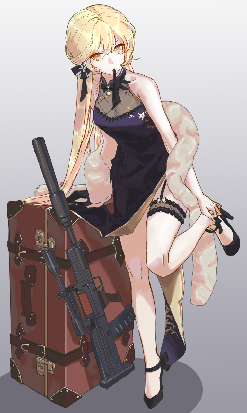 1girl bare_legs black_dress black_footwear black_gloves blonde_hair china_dress chinese_clothes dress eyebrows_visible_through_hair fur_trim girls_frontline gloves gloves_removed grey_background hair_ornament hair_ribbon high_heels highres holding holding_clothes holding_gloves holding_leg legs long_hair looking_at_viewer mouth_hold ots-14 ots-14_(girls_frontline) ribbon royhwang12 single_glove solo standing standing_on_one_leg suitcase weapon yellow_eyes