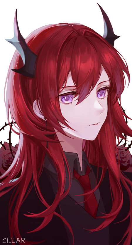 1girl alternate_costume arknights bangs clear_regulus hair_between_eyes hair_intakes horns long_hair looking_at_viewer necktie red_neckwear redhead simple_background solo surtr_(arknights) upper_body violet_eyes white_background