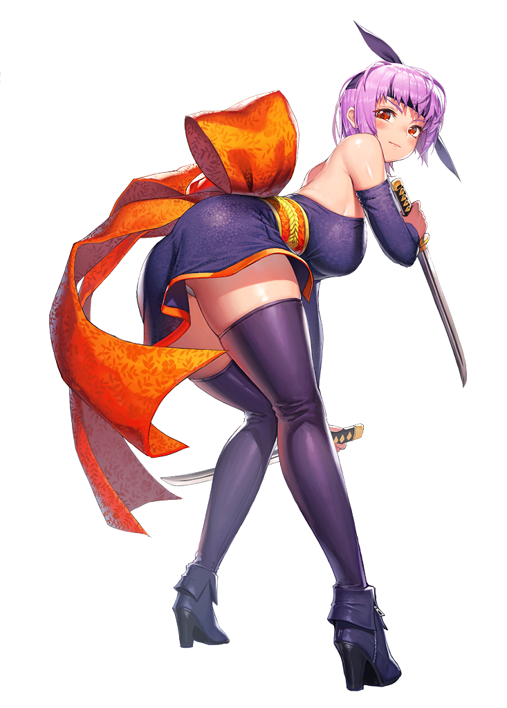 1girl ankle_boots ass ayane ayane_(doa) bent_over blush breasts closed_mouth dead_or_alive destiny_child dress dual_wielding elbow_gloves full_body gloves headband holding holding_weapon japanese_clothes kim_hyung_tae large_breasts obi official_art panties pantyshot pink_hair purple_dress purple_footwear purple_gloves purple_legwear purple_thighhighs red_eyes sash shiny shiny_skin short_hair short_sword solo sword thigh-highs transparent_background underwear weapon white_panties