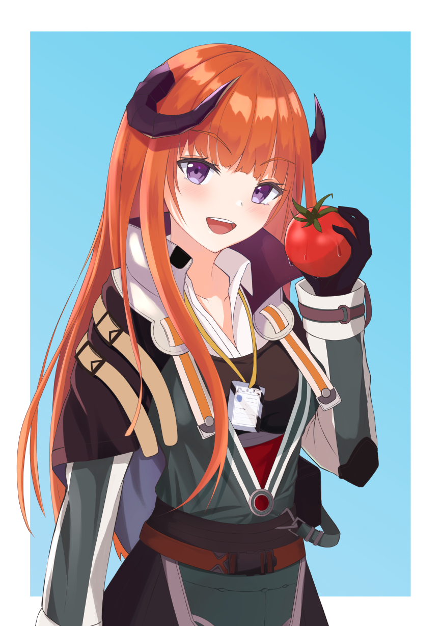 1girl :d arknights bagpipe_(arknights) bangs black_gloves blue_background border commentary_request doku-doku eyebrows_visible_through_hair food gloves hand_up head_tilt high_collar highres holding holding_food horns jacket long_hair long_sleeves looking_at_viewer open_mouth orange_hair outside_border partial_commentary smile solo tomato upper_body very_long_hair violet_eyes white_border