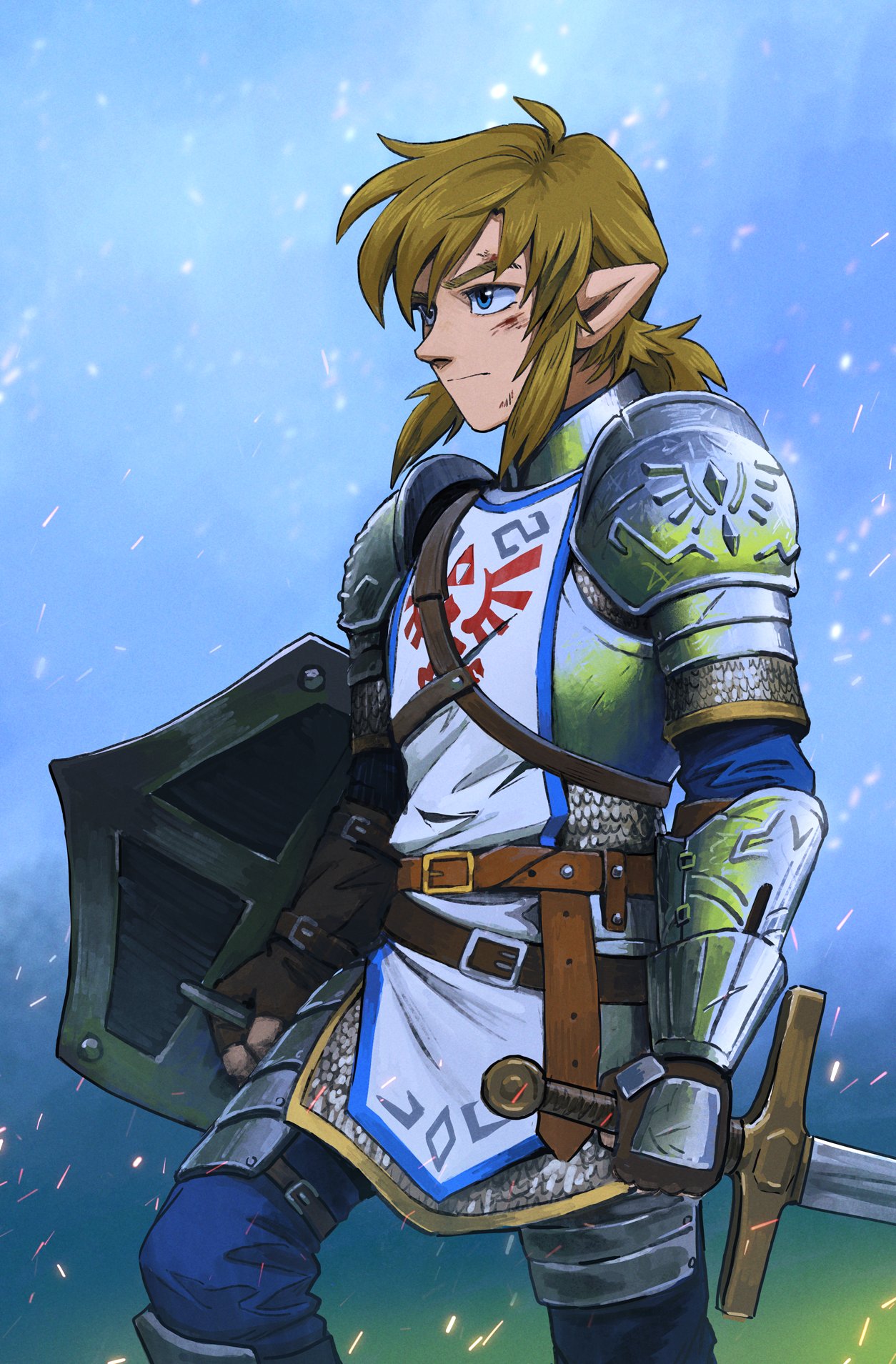 1boy armor blue_eyes blurry blurry_background feet_out_of_frame highres hylian_crest link malin_falch outdoors pointy_ears shield shiny solo sparks sword the_legend_of_zelda the_legend_of_zelda:_breath_of_the_wild weapon