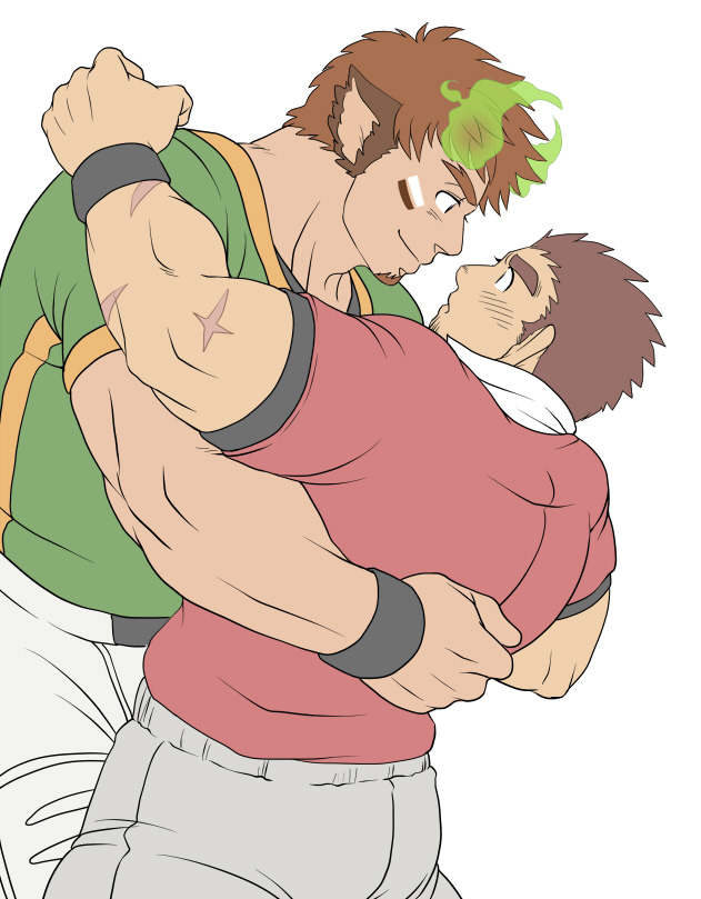 2boys animal_ears bara blush brown_hair couple cow_ears eye_contact facial_hair flat_color forked_eyebrows glowing_horns goatee gunzo_(tokyo_houkago_summoners) horns hug imminent_kiss looking_at_another male_focus multiple_boys muscle rugby_uniform scar short_hair short_sleeves sideburns sportswear sunfight0201 thick_eyebrows tokyo_houkago_summoners wakan_tanka yaoi