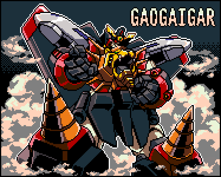 character_name clenched_hand gaogaigar looking_down mecha no_humans okuya open_hand pixel_art red_eyes solo super_robot yuusha_ou_gaogaigar yuusha_series