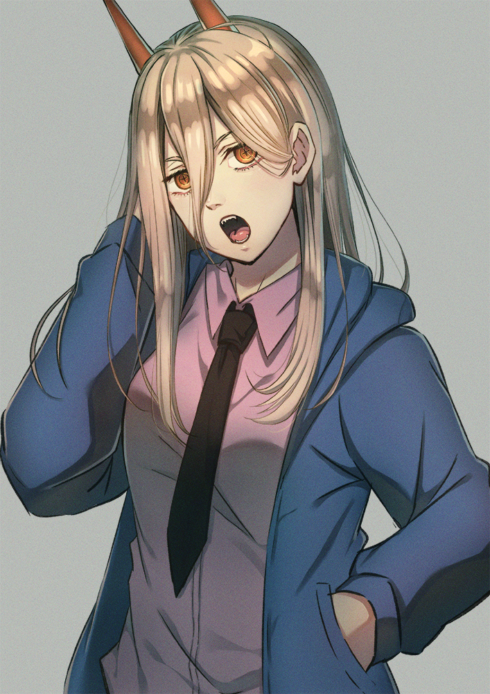 1girl black_neckwear blonde_hair blue_jacket breasts chainsaw_man collared_shirt demon_girl demon_horns grey_background hair_between_eyes hood hooded_jacket horns iso jacket long_hair long_sleeves medium_breasts necktie neckwear open_mouth orange_eyes power_(chainsaw_man) red_horns sharp_teeth shirt simple_background solo teeth upper_body