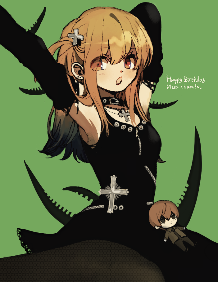1girl amane_misa belt_collar black_dress blonde_hair brown_eyes character_doll collar death_note detached_sleeves dress english_text green_background hands_up happy_birthday ka_(marukogedago) latin_cross long_hair looking_at_viewer one_side_up open_mouth simple_background solo stretch yagami_light
