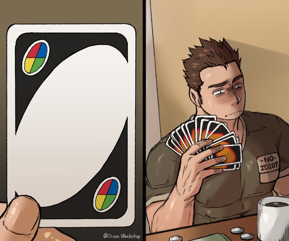 1boy bara brown_hair card card_(medium) chest coin cup draw_25_(meme) english_text holding holding_card male_focus meme mug muscle onionworkshop original parody playing_card raised_eyebrow short_hair solo table template uno_(game) upper_body