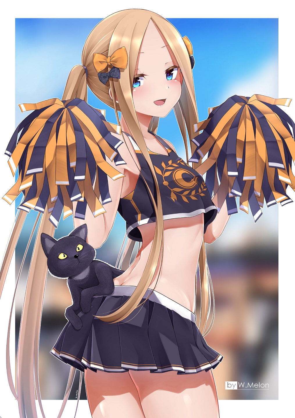 1girl abigail_williams_(fate/grand_order) alternate_costume artist_name black_bow black_skirt blonde_hair blue_eyes bow cat cheerleader commentary english_commentary fate/grand_order fate_(series) forehead hair_bow hands_up highres long_hair looking_at_viewer midriff open_mouth orange_bow polka_dot polka_dot_bow pom_poms skirt smile solo thighs twintails unlock-creed very_long_hair