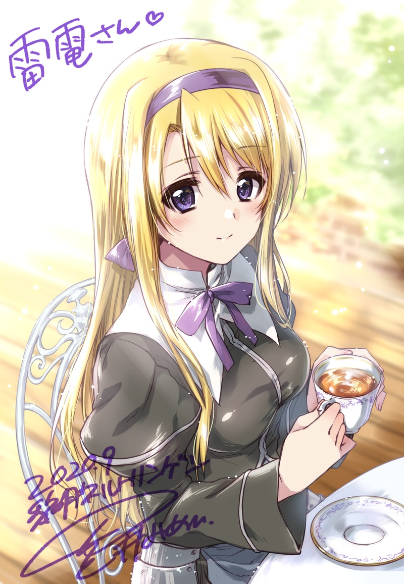 1girl bangs blonde_hair carim_gracia commission cup dated eyebrows_visible_through_hair hairband kuroi_mimei long_hair looking_at_viewer looking_up lyrical_nanoha mahou_shoujo_lyrical_nanoha_strikers purple_hairband signature sitting skeb_commission smile solo teacup violet_eyes