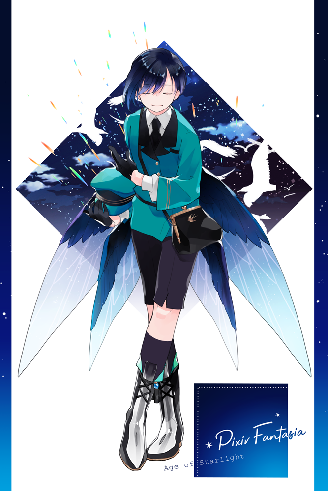 1boy aqua_jacket bag bird black_gloves black_hair black_neckwear closed_eyes copyright_name facing_viewer full_body gloves handbag hat hat_removed headwear_removed jacket kneehighs long_sleeves male_focus pa_(itapa613) pixiv_fantasia pixiv_fantasia_age_of_starlight simple_background solo standing stuart_(pixiv_fantasia_age_of_starlight) wings