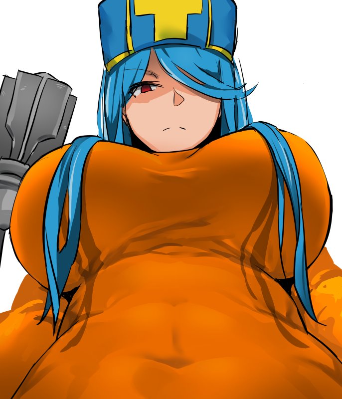 1girl aqua_hair bakkanki bodysuit breasts closed_mouth dragon_quest dragon_quest_iii hat huge_breasts long_hair looking_at_viewer mitre orange_bodysuit priest_(dq3) red_eyes simple_background skin_tight solo staff tabard weapon white_background