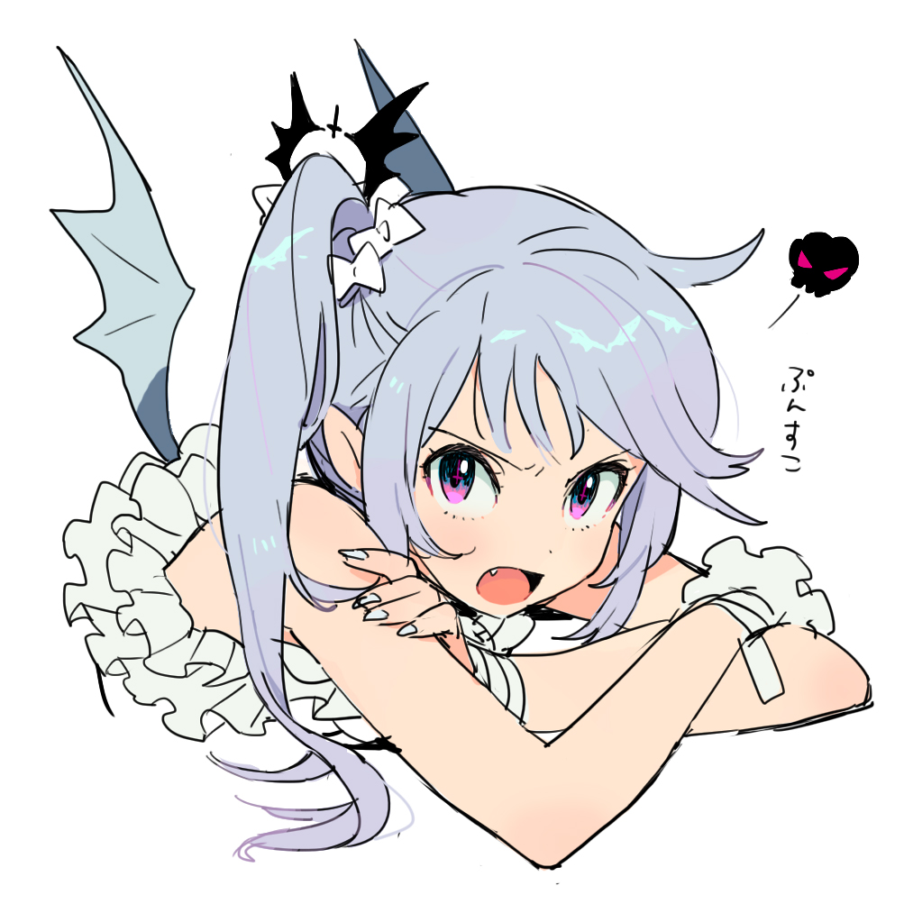 1girl bad_link bat_wings blue_hair bow crossed_arms fang fingernails frills glaring grey_hair hair_bow long_fingernails long_hair open_mouth original pink_eyes poo_(donkan_gokko) side_ponytail silver_hair solo wings wrist_cuffs