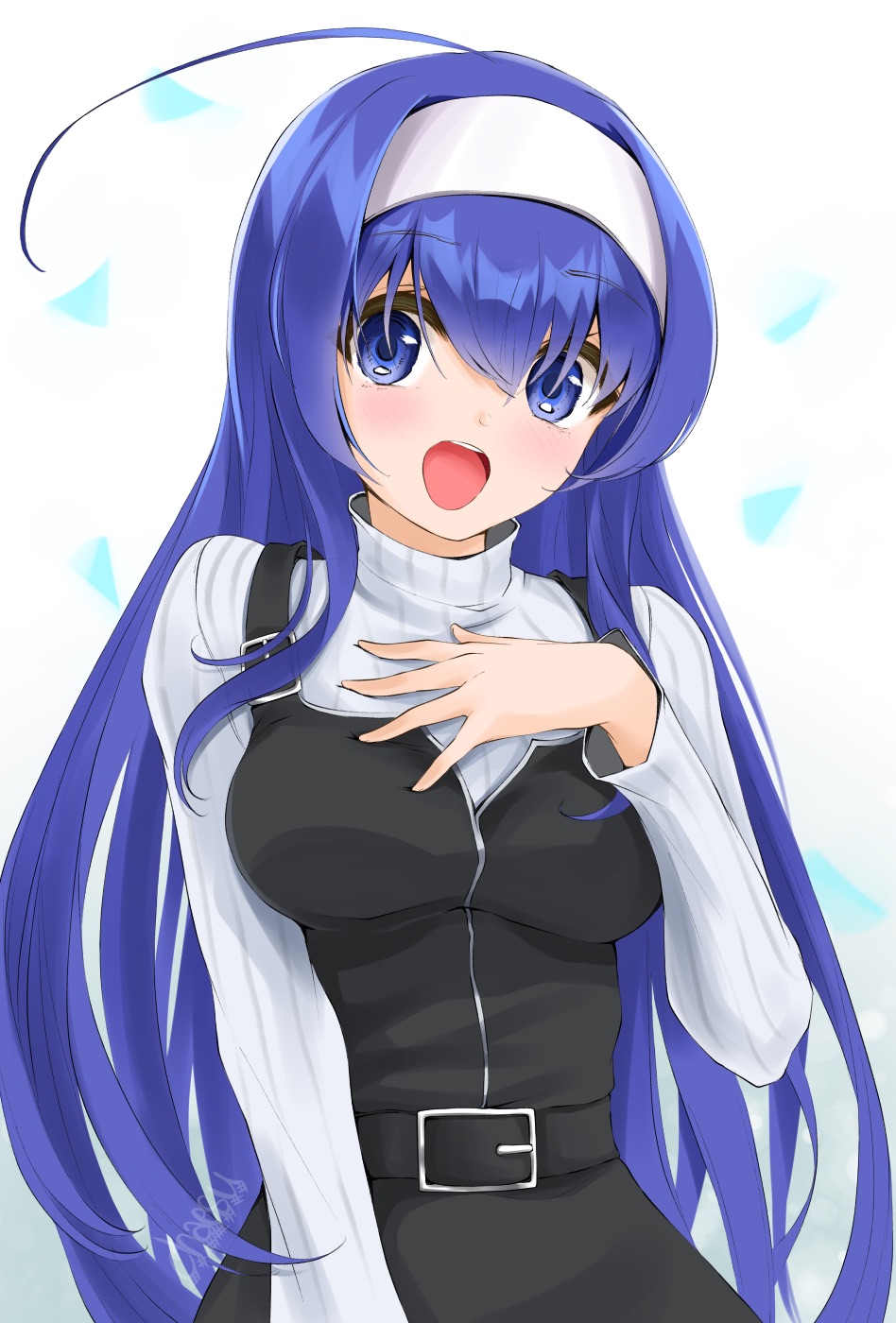1girl ahoge belt belt_buckle black_dress blue_eyes blue_hair blush breasts buckle chaesu dress eyebrows_visible_through_hair hairband highres huge_ahoge long_hair looking_at_viewer medium_breasts open_mouth orie_(under_night_in-birth) ribbed_sweater sleeveless sleeveless_dress solo sweater sweater_under_dress turtleneck turtleneck_sweater under_night_in-birth upper_teeth white_hairband white_sweater