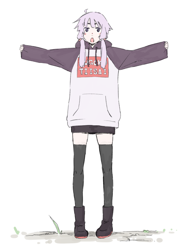 1girl :o black_legwear blush_stickers boots clothes_writing commentary drawstring flat_chest full_body grass hood long_sleeves looking_at_viewer miniskirt open_mouth purple_footwear purple_hair purple_hoodie purple_skirt raglan_sleeves short_hair_with_long_locks skirt sleeves_past_wrists solo standing sugoi_dekai t-pose tasuke thigh-highs violet_eyes vocaloid voiceroid yuzuki_yukari