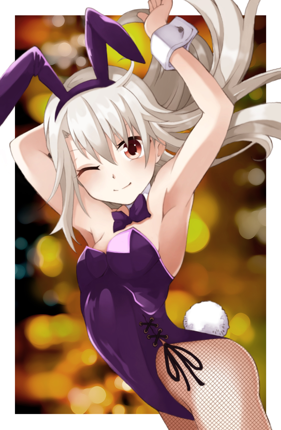 1girl 352672 animal_ears arm_up armpits bangs bare_shoulders blush breasts bunny_tail closed_mouth covered_navel detached_collar fake_animal_ears fate/kaleid_liner_prisma_illya fate_(series) fishnet_legwear fishnets highleg highleg_leotard highres illyasviel_von_einzbern leotard one_eye_closed purple_leotard rabbit_ears small_breasts smile tail thighs white_hair wrist_cuffs