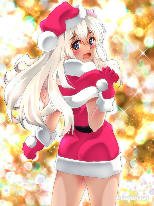 1girl akichin_(atelier_baguri) ass blonde_hair blue_eyes capelet fur-trimmed_capelet fur-trimmed_gloves fur-trimmed_headwear fur_trim gloves hat kantai_collection long_hair red_capelet red_gloves red_headwear ro-500_(kancolle) santa_costume santa_hat sleeveless solo tan