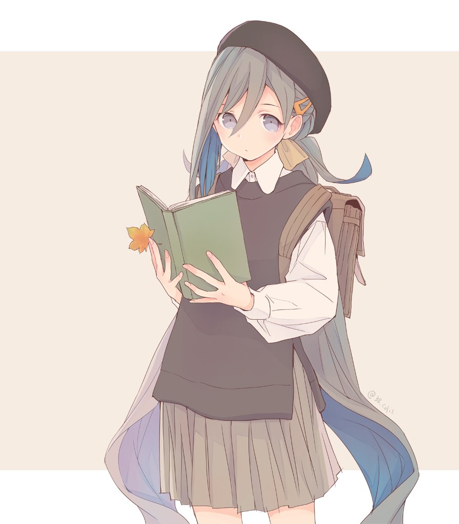 1girl alternate_costume bangs beret black_headwear blue_hair blush book colis grey_hair grey_skirt hair_between_eyes hair_ornament hair_ribbon hairclip hat holding holding_book kantai_collection kiyoshimo_(kantai_collection) leaf long_hair long_sleeves low_twintails multicolored_hair ribbon shirt simple_background skirt solo twintails twitter_username two-tone_background very_long_hair violet_eyes white_shirt