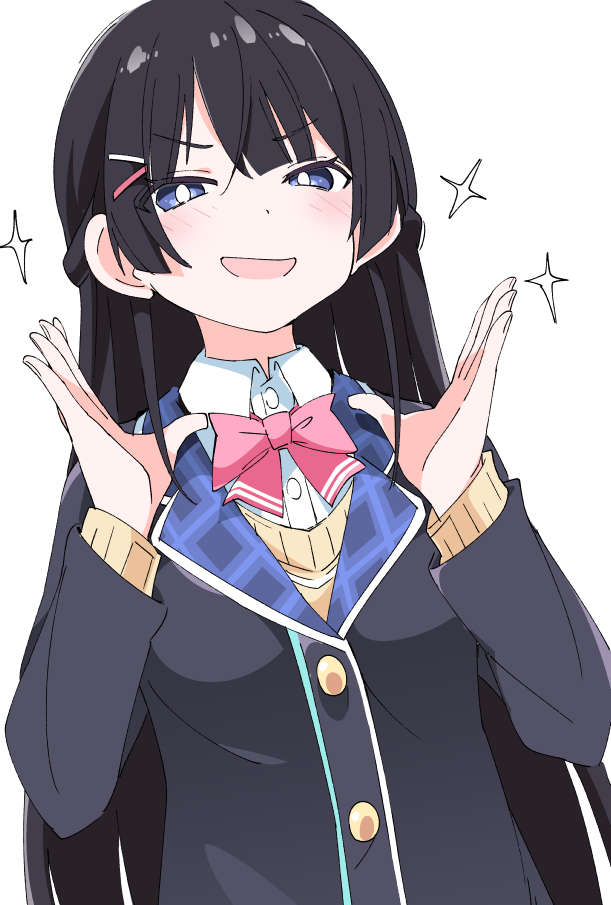 1girl bangs black_hair blazer blue_eyes blush bow bowtie eyebrows_visible_through_hair hair_ornament hairclip ixy jacket long_hair long_sleeves nijisanji open_mouth pink_neckwear simple_background smile solo sparkle tsukino_mito virtual_youtuber white_background