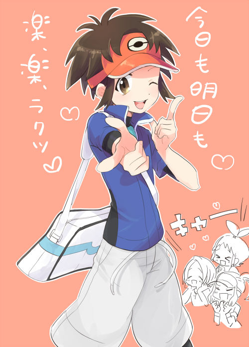 1boy ;d bag blue_jacket bodysuit bodysuit_under_clothes brown_eyes brown_hair commentary_request finger_gun hands_up heart jacket looking_at_viewer nate_(pokemon) niimura_(csnel) one_eye_closed open_mouth orange_background orange_headwear partially_colored pokemon pokemon_(game) pokemon_bw2 short_hair shorts shoulder_bag smile tongue translation_request visor_cap zipper