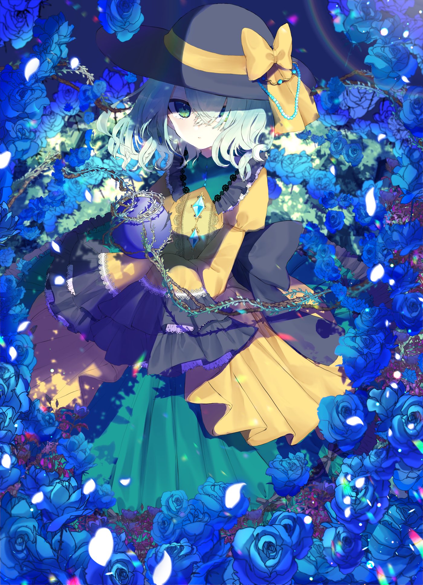 1girl adapted_costume black_bow blue_flower blue_rose bow breasts dress expressionless eyeball flower frilled_sleeves frills full_body green_eyes green_hair hat hat_bow hat_ribbon heart heart_of_string highres juliet_sleeves komeiji_koishi lace-trimmed_dress lace-trimmed_sleeves lace_trim layered_dress long_sleeves looking_at_viewer medium_breasts petals plant puffy_sleeves ribbon rose rose_petals sash sleeves_past_wrists solo third_eye thorns touhou tsukikusa vines wavy_hair wide_sleeves yellow_ribbon