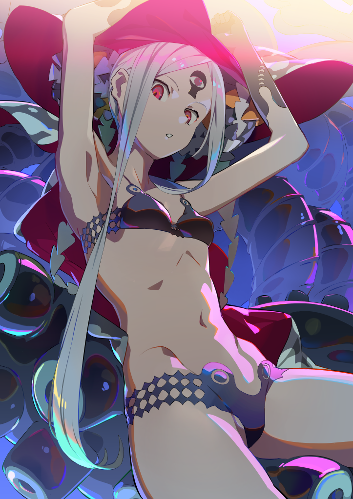 1girl abigail_williams_(fate/grand_order) abigail_williams_(swimsuit_foreigner)_(fate) armpits arms_up artist_request bangs bare_shoulders bikini black_bikini black_bow bow breasts collarbone double_bun fate/grand_order fate_(series) forehead keyhole long_hair multiple_bows navel orange_bow parted_bangs parted_lips red_eyes sidelocks small_breasts swimsuit tentacles thighs third_eye very_long_hair white_hair white_skin