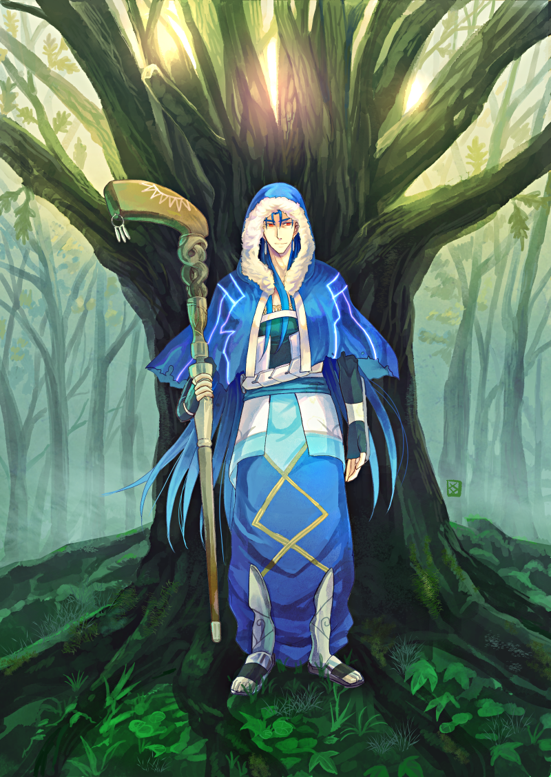 1boy belt blue_hair capelet cu_chulainn_(fate)_(all) cu_chulainn_(fate/grand_order) earrings fate/grand_order fate_(series) forest full_body fur fur-trimmed_hood fur_trim greaves harem_pants holding holding_weapon hood hood_up hooded_capelet jewelry long_hair nature outdoors pants red_eyes sandals solo staff standing toes tree type-moon very_long_hair weapon xx_(pekepeke)