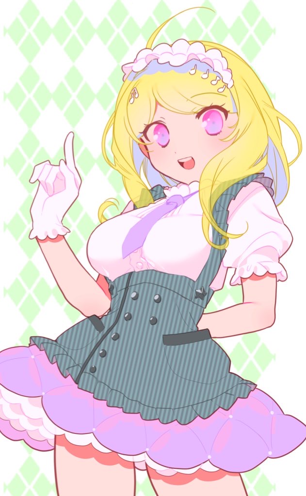 1girl :d ahoge akamatsu_kaede alternate_costume bangs blonde_hair blush breasts commentary_request dangan_ronpa dress eyebrows_visible_through_hair gloves hair_ornament headdress long_hair looking_at_viewer musical_note musical_note_hair_ornament necktie new_dangan_ronpa_v3 open_mouth pink_eyes pocket puffy_short_sleeves puffy_sleeves purple_neckwear short_sleeves simple_background smile solo standing striped striped_dress upper_body vertical_stripes white_gloves zang_li