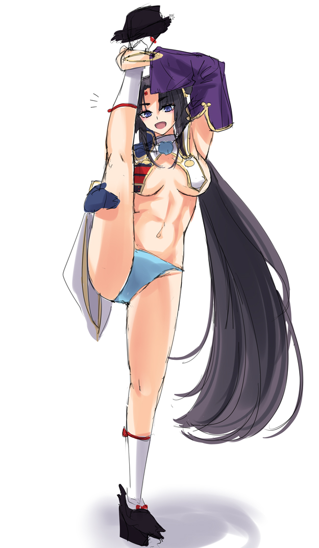 1girl abs black_hair blue_eyes breasts eyebrows_visible_through_hair fate/grand_order fate_(series) gachou gloves long_hair medium_breasts navel smile solo standing standing_on_one_leg stretch thighs ushiwakamaru_(fate/grand_order) ushiwakamaru_(swimsuit_assassin)_(fate) white_background wide_sleeves