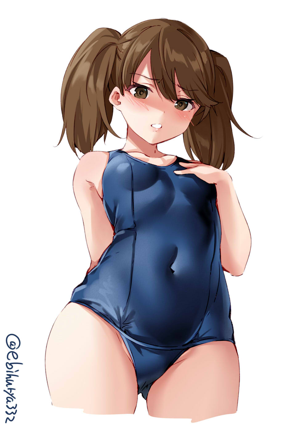 1girl alternate_costume ass_visible_through_thighs blue_swimsuit blush breasts brown_eyes brown_hair collarbone cowboy_shot ebifurya eyebrows_visible_through_hair hair_between_eyes hand_on_own_chest highres kantai_collection looking_at_viewer looking_down one-piece_swimsuit ryuujou_(kantai_collection) school_swimsuit simple_background small_breasts solo standing swimsuit twintails twitter_username white_background