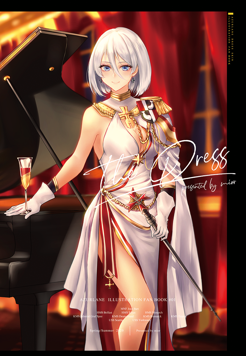 1girl 2020 aiguillette artist_name azur_lane blue_eyes breasts cape character_name cleavage_cutout clothing_cutout coat_of_arms cross cross_earrings dress earrings epaulettes evening_gown eyebrows_visible_through_hair gloves gold hair_between_eyes halter_dress highres holding holding_scepter instrument jewelry large_breasts medium_hair mior piano red_ribbon ribbon scepter side_slit single_bare_shoulder solo tirpitz_(azur_lane) tirpitz_(iron_blood_snowstorm)_(azur_lane) white_cape white_gloves white_hair