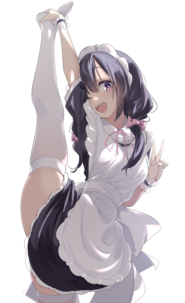 1girl ;d apron ass bangs blush bow breasts feet flexible garter_belt hair_bow leg_lift leg_up long_hair looking_at_viewer maid maid_apron no_shoes one_eye_closed open_mouth original panties pink_bow pink_panties purple_hair short_sleeves simple_background smile solo split standing standing_on_one_leg standing_split thigh-highs thighs underwear unimon_e v violet_eyes white_background white_legwear wrist_cuffs