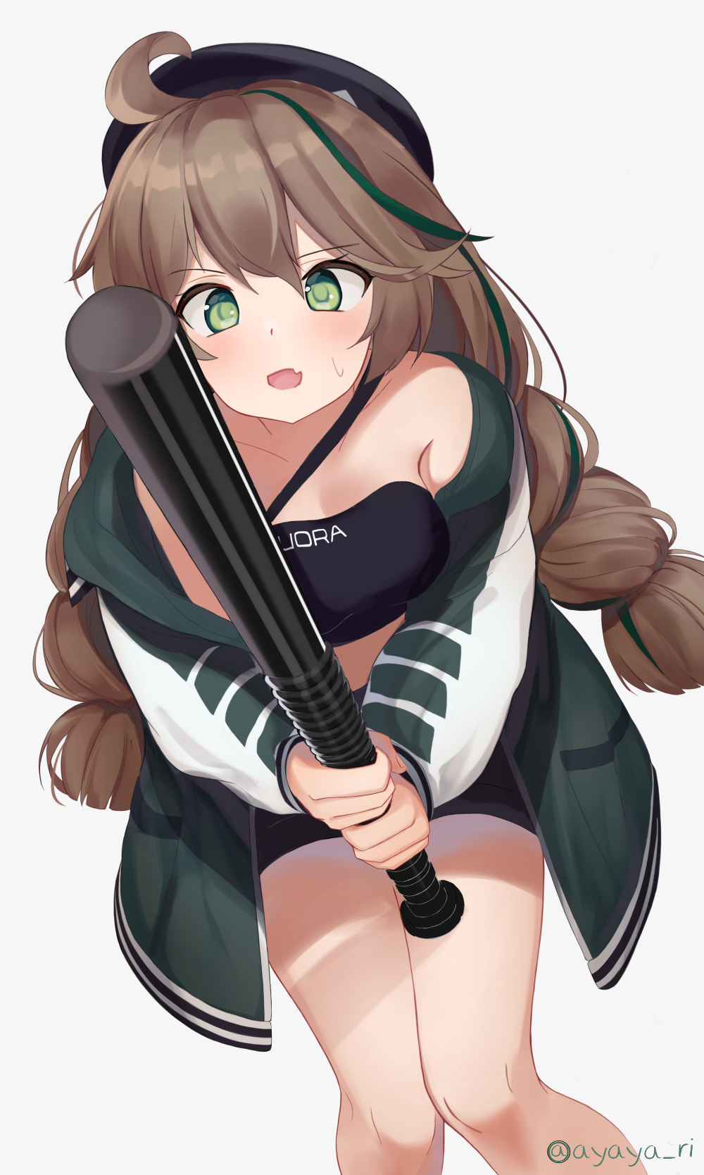 1girl ahoge arknights artist_name ayaya_(ayaya_ri) bandeau bangs bare_shoulders baseball_bat black_headwear breasts brown_hair commentary cuora_(arknights) eyebrows_visible_through_hair fang feet_out_of_frame green_eyes green_hair grey_background highres holding holding_baseball_bat jacket long_hair long_sleeves looking_at_viewer multicolored_hair off_shoulder open_clothes open_jacket open_mouth simple_background skin_fang small_breasts solo standing streaked_hair thighs twitter_username very_long_hair