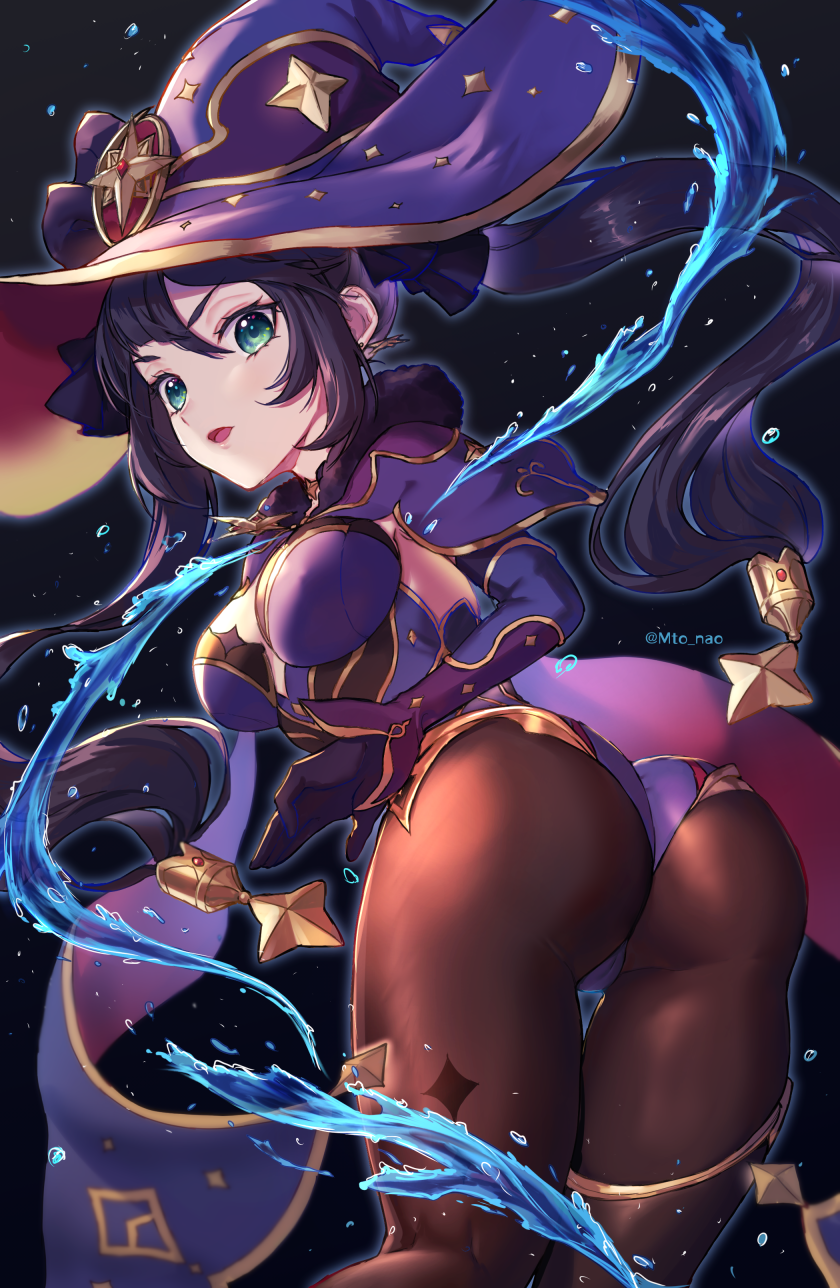 1girl ass bent_over black_legwear breasts capelet from_behind genshin_impact green_eyes hair_ornament hair_ribbon hat highres long_hair looking_at_viewer looking_back mona_(genshin_impact) open_mouth pantyhose purple_hair ribbon smile solo twintails water witch witch_hat