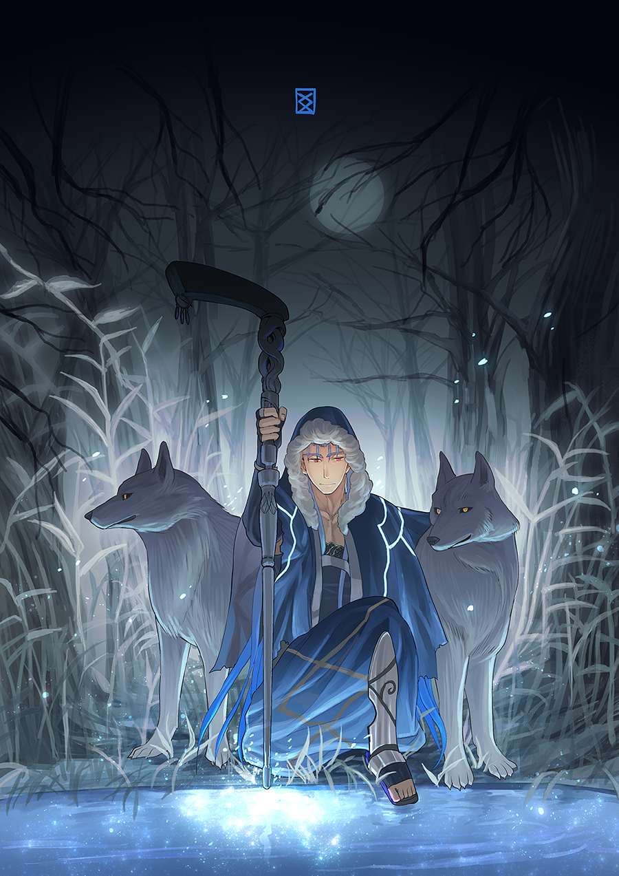 1boy animal blue_hair capelet cu_chulainn_(fate)_(all) cu_chulainn_(fate/grand_order) dog earrings fate/grand_order fate_(series) fog forest fur fur-trimmed_hood fur_trim glowing greaves harem_pants highres holding holding_weapon hood hood_up hooded_capelet jewelry kneeling long_hair looking_at_viewer moon nature night outdoors pants red_eyes sky staff tree water weapon white_wolf wolf xx_(pekepeke)