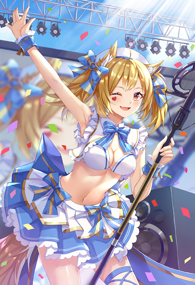 1girl ;d animal_ears arknights arm_up armpits bangs bare_arms bare_shoulders blonde_hair blue_bow blue_neckwear blue_skirt blue_sky bow bowtie breasts chinese_commentary commentary_request confetti cowboy_shot day fang frills hair_bow heart holding light_rays looking_at_viewer medium_breasts midriff multicolored multicolored_clothes multicolored_skirt navel one_eye_closed open_mouth outdoors pleated_skirt red_eyes ryuu32 short_hair skirt sky smile solo sora_(arknights) standing stomach tail thigh_strap thighs twintails white_headwear white_skirt wolf_ears wolf_tail wrist_cuffs