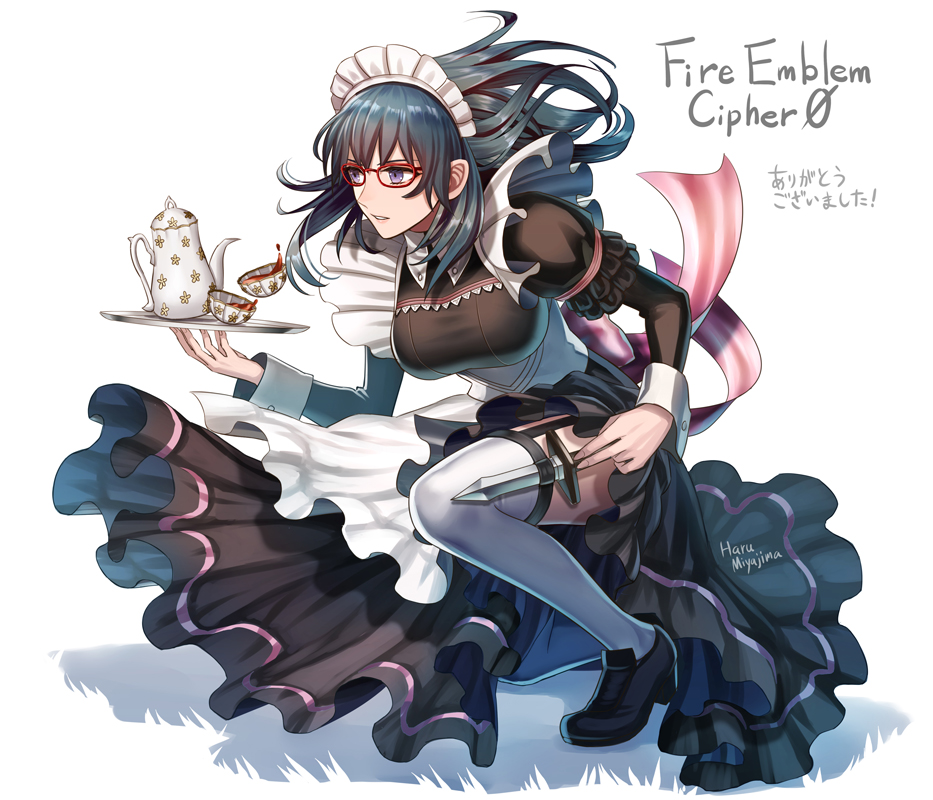 1girl alternate_costume apron artist_name bangs black_dress black_footwear blue_hair breasts byleth_(fire_emblem) byleth_eisner_(female) commentary_request copyright_name cup dagger detached_sleeves dress fingernails fire_emblem fire_emblem:_three_houses fire_emblem_cipher frills full_body garter_straps glasses haru_(toyst) holding long_hair long_sleeves looking_away maid maid_dress medium_breasts official_art parted_lips puffy_sleeves red-framed_eyewear shiny shiny_hair shoes signature simple_background solo teacup teapot thigh-highs tray violet_eyes weapon white_background