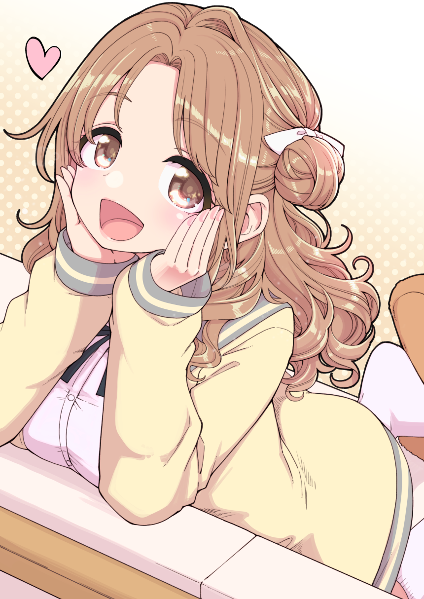 1girl blush brown_eyes brown_hair buttons coat dress_shirt eyebrows_visible_through_hair forehead from_above hair_intakes hanauna heart highres ichikawa_hinana idolmaster idolmaster_shiny_colors looking_at_viewer nail_polish open_mouth pink_nails school_uniform shirt simple_background solo tareme