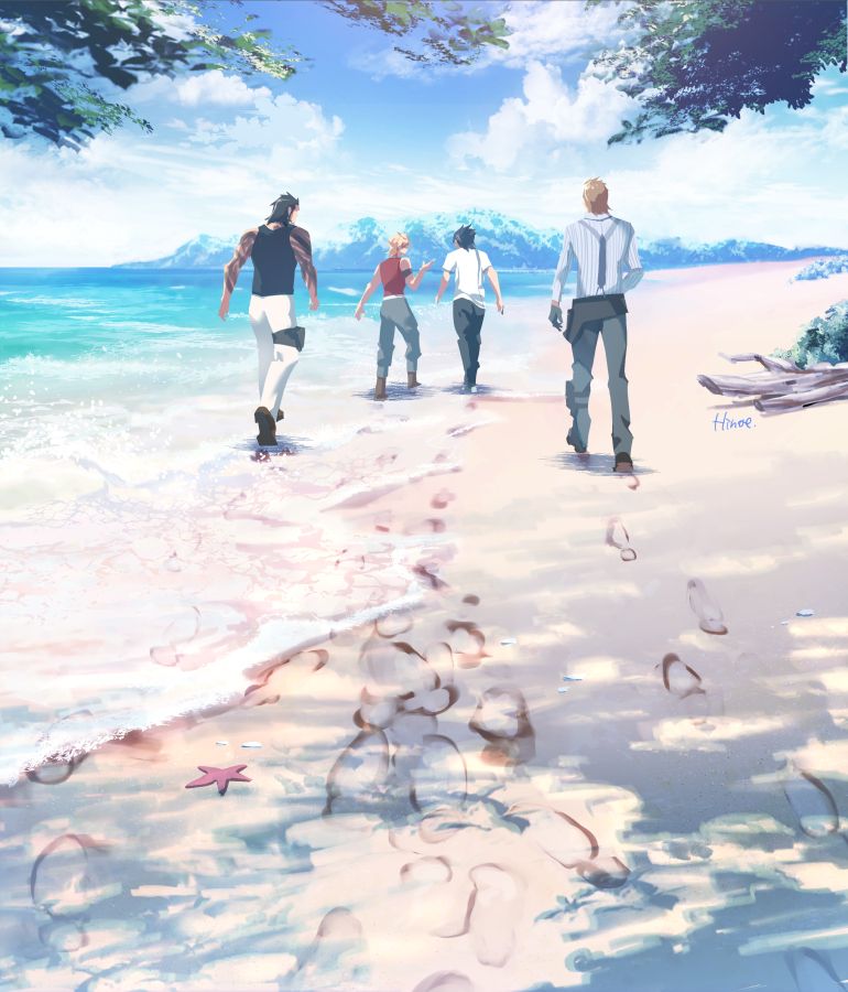 4boys back beach black_hair blonde_hair blue_sky brown_hair final_fantasy final_fantasy_xv footprints from_behind gladiolus_amicitia hinoe_(dd_works) ignis_scientia multiple_boys noctis_lucis_caelum ocean prompto_argentum sky spiky_hair starfish suspenders tank_top