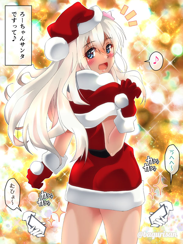 1girl akichin_(atelier_baguri) ass blonde_hair blue_eyes capelet fur-trimmed_capelet fur-trimmed_gloves fur-trimmed_headwear fur_trim gloves hat kantai_collection long_hair musical_note red_capelet red_gloves red_headwear ro-500_(kancolle) santa_costume santa_hat sleeveless solo speech_bubble spoken_musical_note tan translation_request