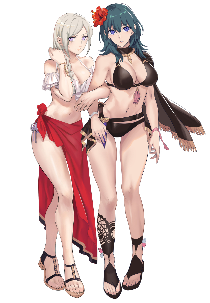 2girls aizumi240326 bikini black_bikini blue_hair byleth_(fire_emblem) byleth_eisner_(female) byleth_eisner_(female) cape cute edelgard_von_hresvelg female_my_unit_(fire_emblem:_three_houses) fire_emblem fire_emblem:_three_houses fire_emblem:_three_houses fire_emblem_16 fire_emblem_heroes flower flower_hair_ornament flower_on_head full_body hair_ornament hibiscus holding_hands intelligent_systems knife my_unit_(fire_emblem:_three_houses) navel nintendo parted_lips purple_ribbon ribbon sandals side_ponytail simple_background super_smash_bros. super_smash_bros._ultimate super_smash_bros_brawl swimsuit violet_eyes weapon white_bikini white_hair