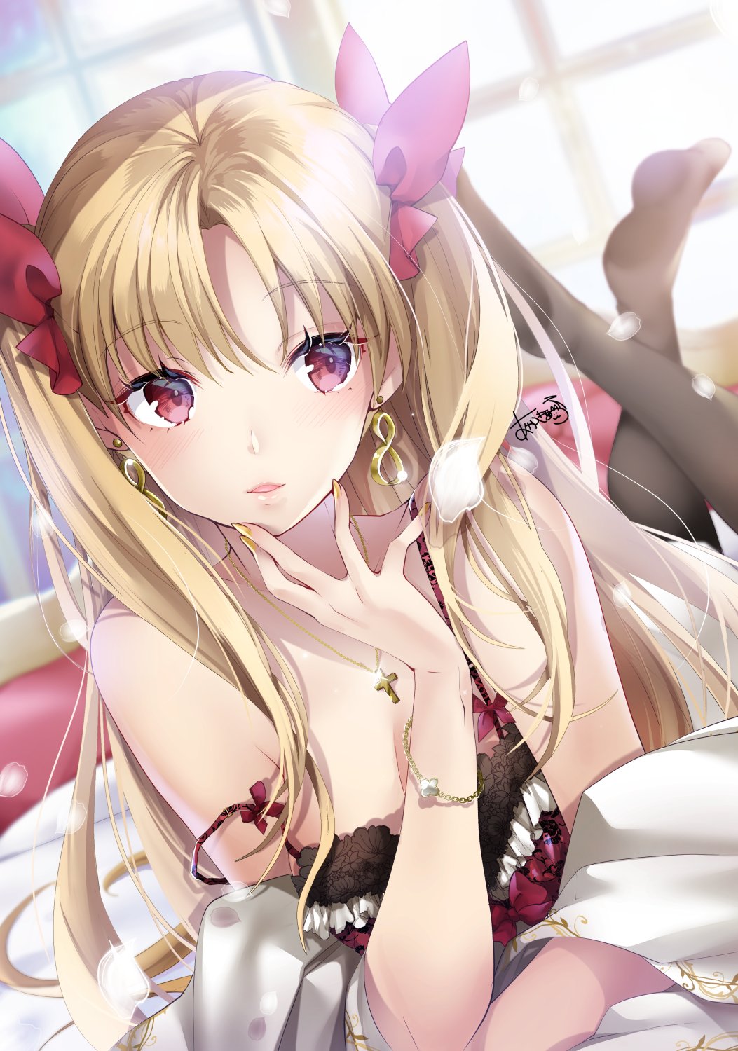 1girl akatsuki_hijiri bangs bare_shoulders blonde_hair blush bracelet breasts camisole cross cross_necklace crossed_ankles earrings ereshkigal_(fate/grand_order) fate/grand_order fate_(series) hair_ribbon highres jewelry long_hair looking_at_viewer lying necklace on_bed on_stomach open_mouth parted_bangs pink_eyes pink_ribbon ribbon solo strap_slip two_side_up very_long_hair yellow_nails