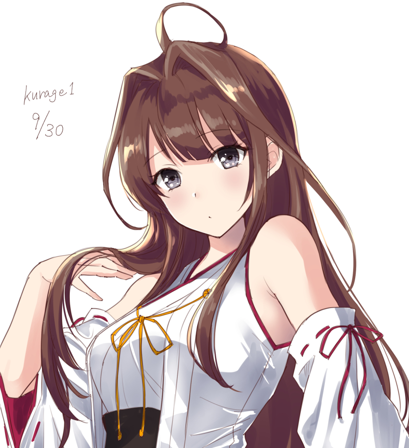 1girl ahoge bare_shoulders breasts brown_hair commentary_request detached_sleeves hair_down hairband headgear index_finger_raised japanese_clothes kantai_collection kongou_(kantai_collection) long_hair medium_breasts ribbon-trimmed_sleeves ribbon_trim solo twitter_username u0709