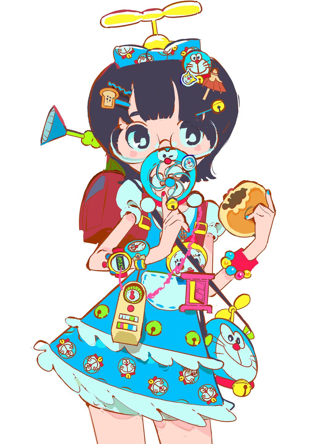 1girl anpan backpack bag bangs bead_bracelet beads bell black_eyes black_hair blue_bow blue_dress blue_nails blue_shirt blue_shorts blunt_bangs bow bracelet bread_hair_ornament clouds cowboy_shot doraemon doraemon_(character) dress eating electric_fan food frilled_dress frills glasses hair_bow hair_ornament hairclip handbag highres holding inhye jewelry jingle_bell looking_at_viewer multicolored nail_polish original pinafore_dress print_bow print_dress propeller puffy_short_sleeves puffy_sleeves randoseru red_nails shirt short_hair short_sleeves shorts shorts_under_dress simple_background solo watch watch white_background