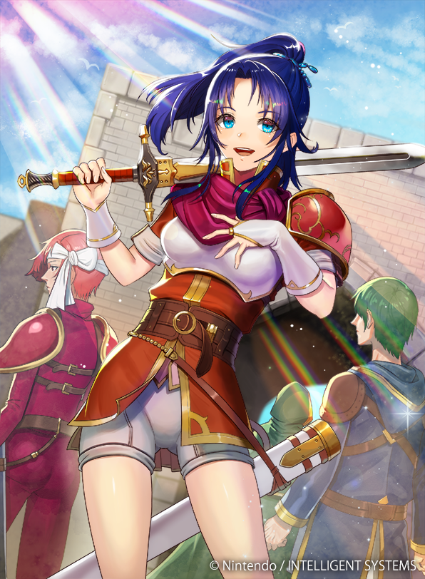 1boy 2girls armor bangs blue_eyes blue_hair day fire_emblem fire_emblem:_mystery_of_the_emblem fire_emblem_cipher kris_(fire_emblem) kyo_niku long_hair looking_at_viewer multiple_girls official_art open_mouth outdoors ponytail shorts shoulder_armor smile sword tied_hair weapon