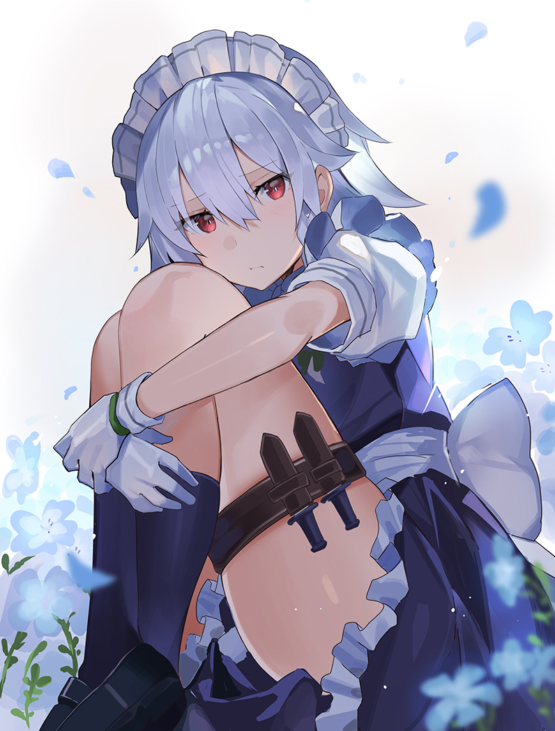 1girl blue_flower commentary flower gloves holster izayoi_sakuya knees_to_chest knees_up knife leg_hug looking_at_viewer maid_headdress petals red_eyes rin_falcon sheath sheathed short_sleeves silver_hair sitting skirt socks solo thigh_holster touhou waist_bow white_gloves