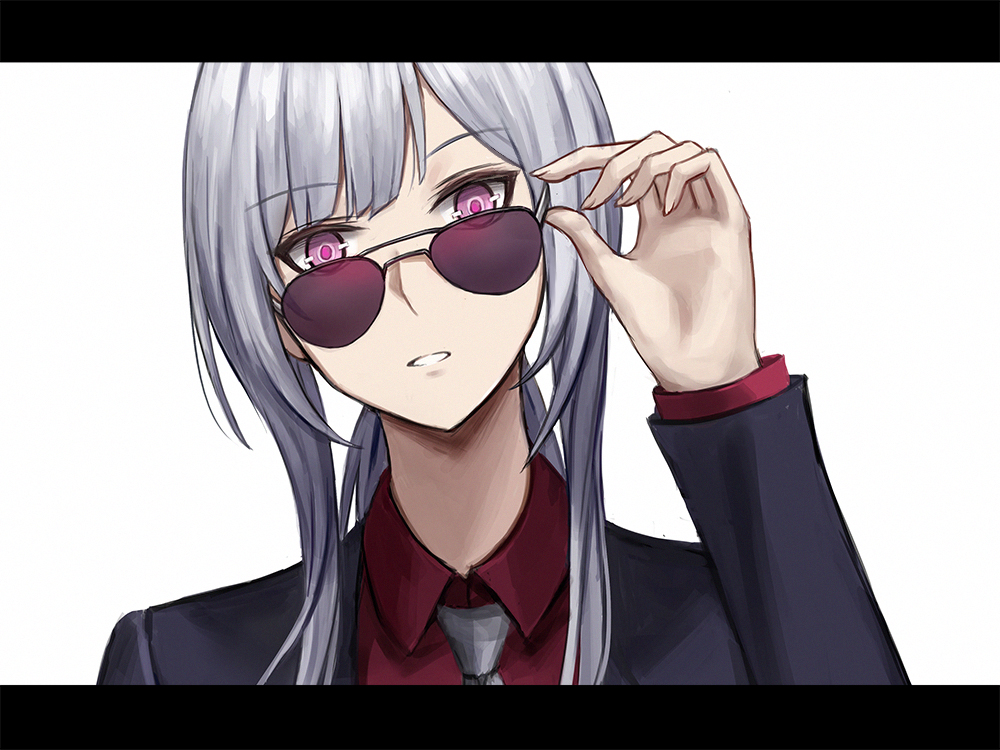 1girl ak-12_(girls_frontline) blazer business_suit eyebrows_visible_through_hair formal girls_frontline glasses grey_neckwear hand_on_eyewear holding holding_eyewear jacket long_hair looking_at_viewer necktie red_shirt selcky shirt silver_hair solo_focus suit violet_eyes white_background