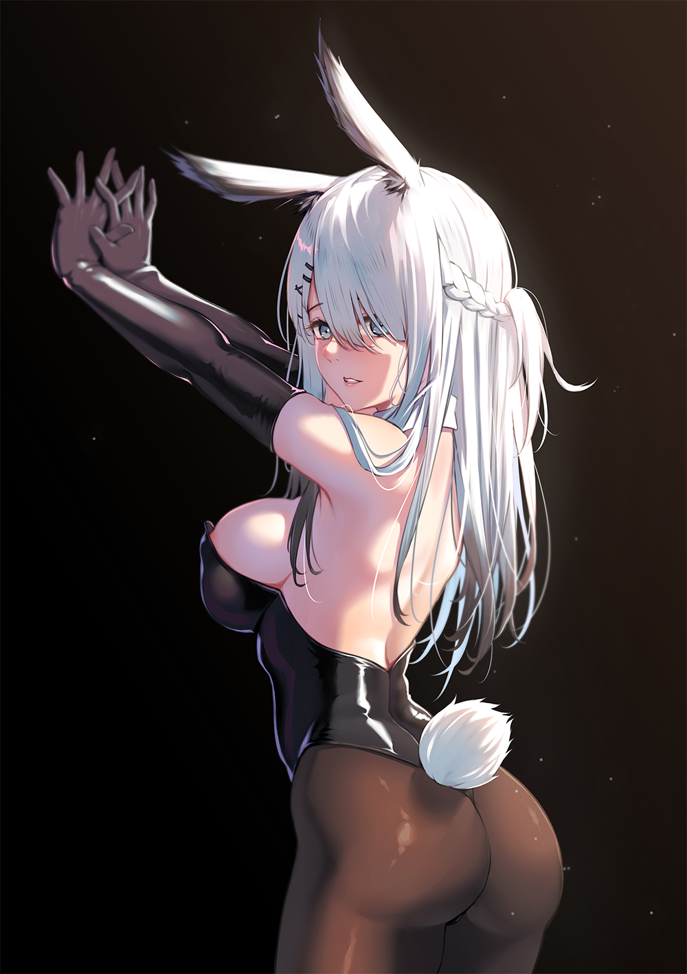 1girl alternate_costume animal_ears arknights ass bangs bare_back bare_shoulders bishi_(bishi) black_gloves black_leotard braid breasts brown_legwear bunny_tail chinese_commentary commentary_request cowboy_shot elbow_gloves french_braid frostnova_(arknights) gloves grey_eyes hair_ornament hair_over_one_eye hairclip highres large_breasts leotard long_hair looking_at_viewer pantyhose parted_lips playboy_bunny rabbit_ears revision silver_hair solo standing strapless strapless_leotard tail thighs